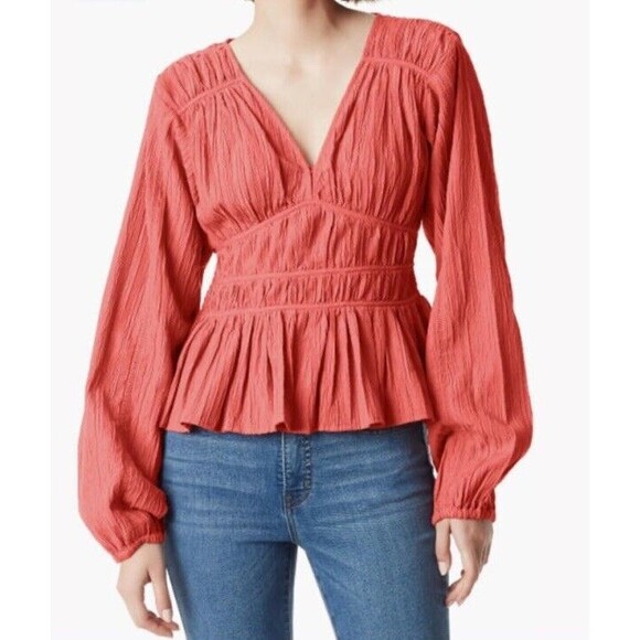 Sam Edelman Blouse Womens XL Rusty Pink Long Balloon Sleeve Medieval Boho Peplum - Picture 1 of 7